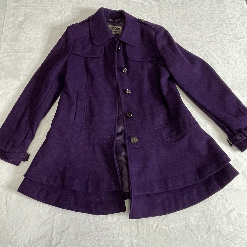 GUESS Peacoat Coat Jacket Fit And Flare Sz L Purple VTG Y2K 90's Wool Blend FLAW